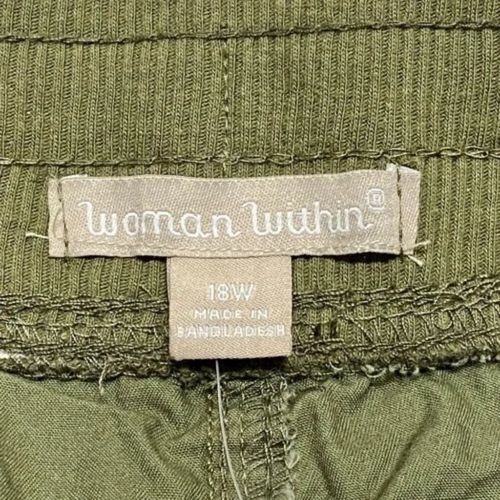 Woman Within Cargo Pants Women's 18W Olive Green Cotton Casual Roll Tab Cuff NWT